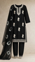 Nazm Black & Ivory Plus-Size Cotton Embroidered 3-Piece Set complete three-piece set with dupatta