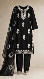 Nazm Black & Ivory Plus-Size Cotton Embroidered 3-Piece Set complete three-piece set with dupatta