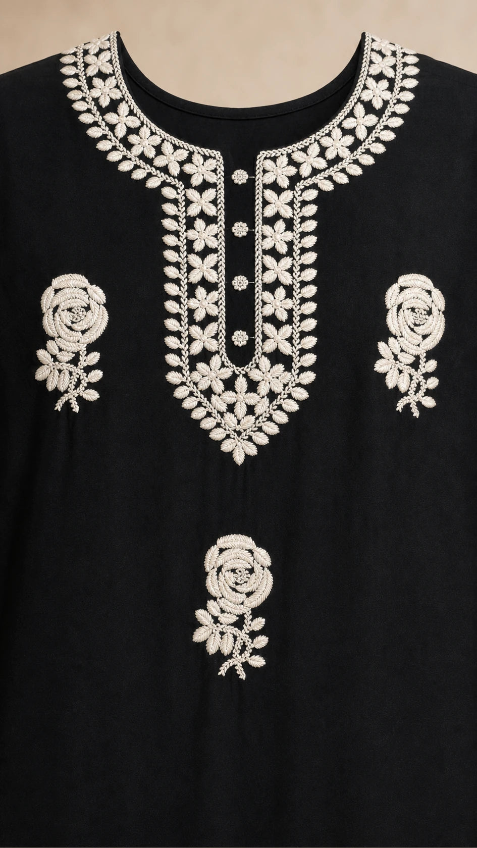 Nazm Black & Ivory Plus-Size Cotton Embroidered 3-Piece Set ivory floral embroidered neckline detail