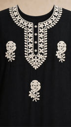 Nazm Black & Ivory Plus-Size Cotton Embroidered 3-Piece Set ivory floral embroidered neckline detail