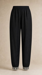 Nazm Black & Ivory Plus-Size Cotton Embroidered 3-Piece Set matching black trousers with embroidered ankles