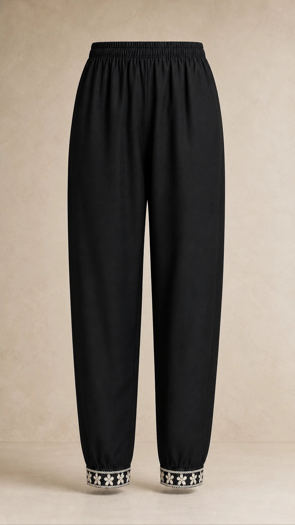 Nazm Black & Ivory Plus-Size Cotton Embroidered 3-Piece Set matching black trousers with embroidered ankles