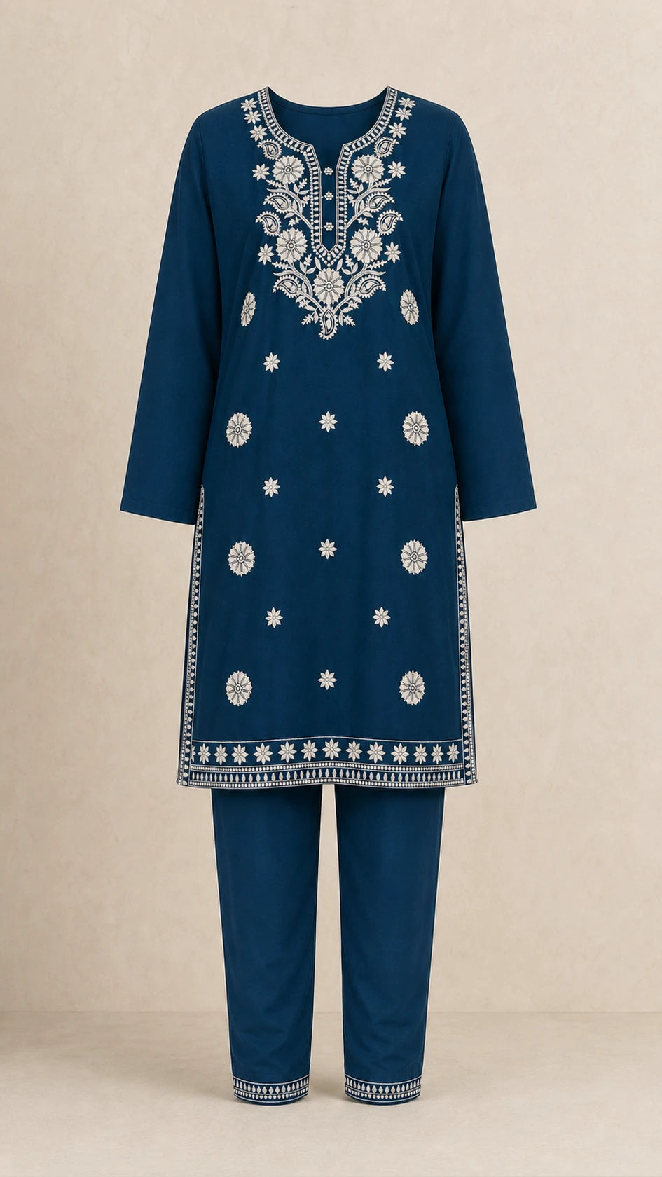 Neel Ink Navy Plus-Size Cotton Embroidered 3-Piece Set kurta and trousers front view