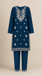 Neel Ink Navy Plus-Size Cotton Embroidered 3-Piece Set kurta and trousers front view