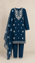 Neel Ink Navy Plus-Size Cotton Embroidered 3-Piece Set complete three-piece set with dupatta