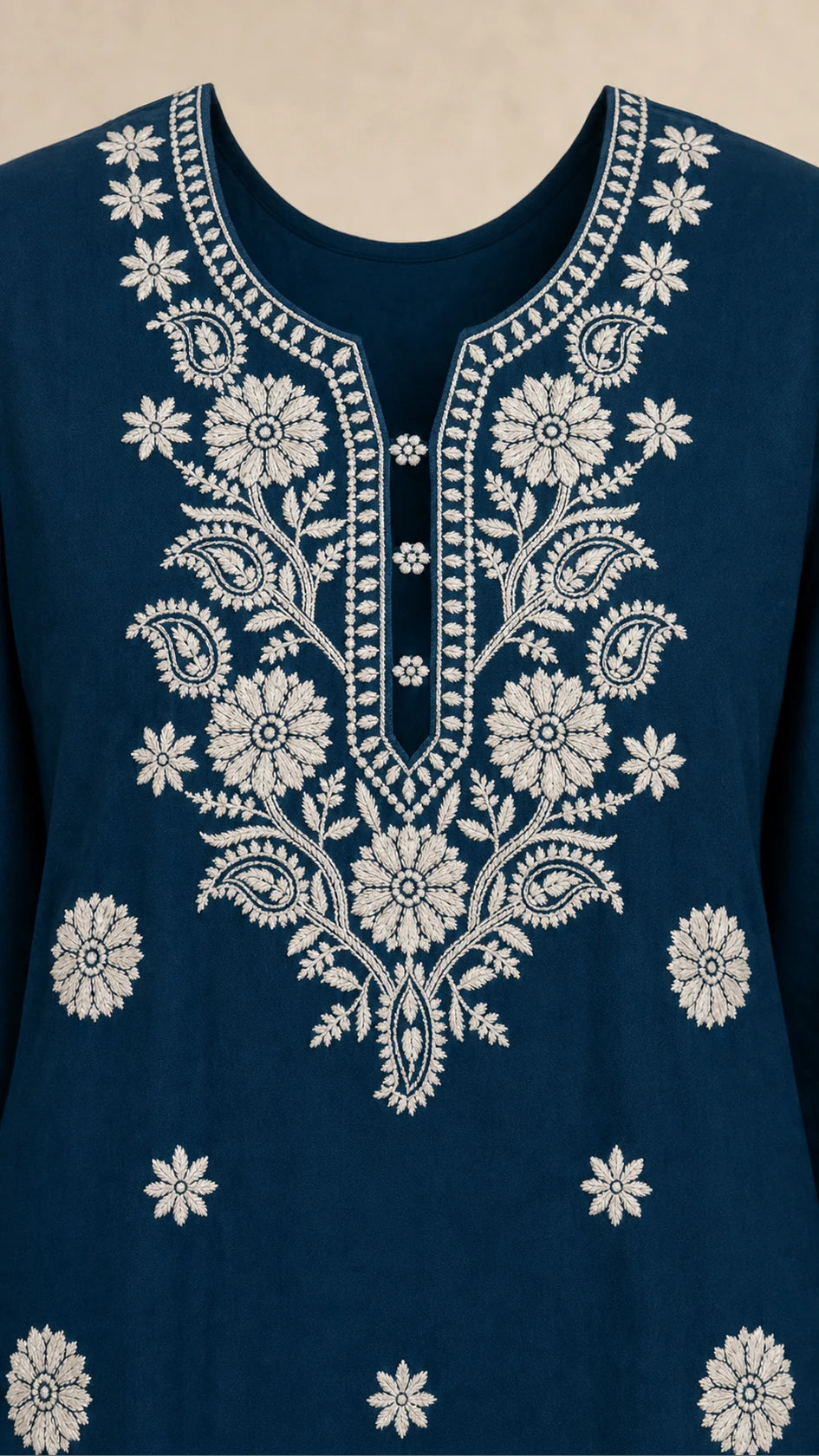Neel Ink Navy Plus-Size Cotton Embroidered 3-Piece Set ivory botanical embroidered neckline detail