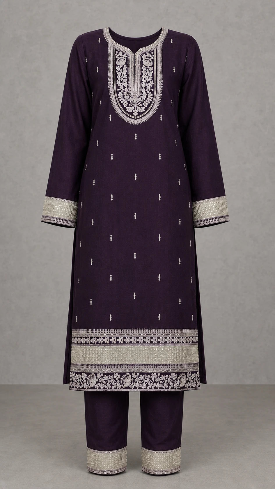 Noorani Champagne Embroidered 3-Piece Suit Set – Dark Aubergine Plum – kurta and trousers front view
