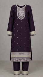Noorani Champagne Embroidered 3-Piece Suit Set – Dark Aubergine Plum – kurta and trousers front view