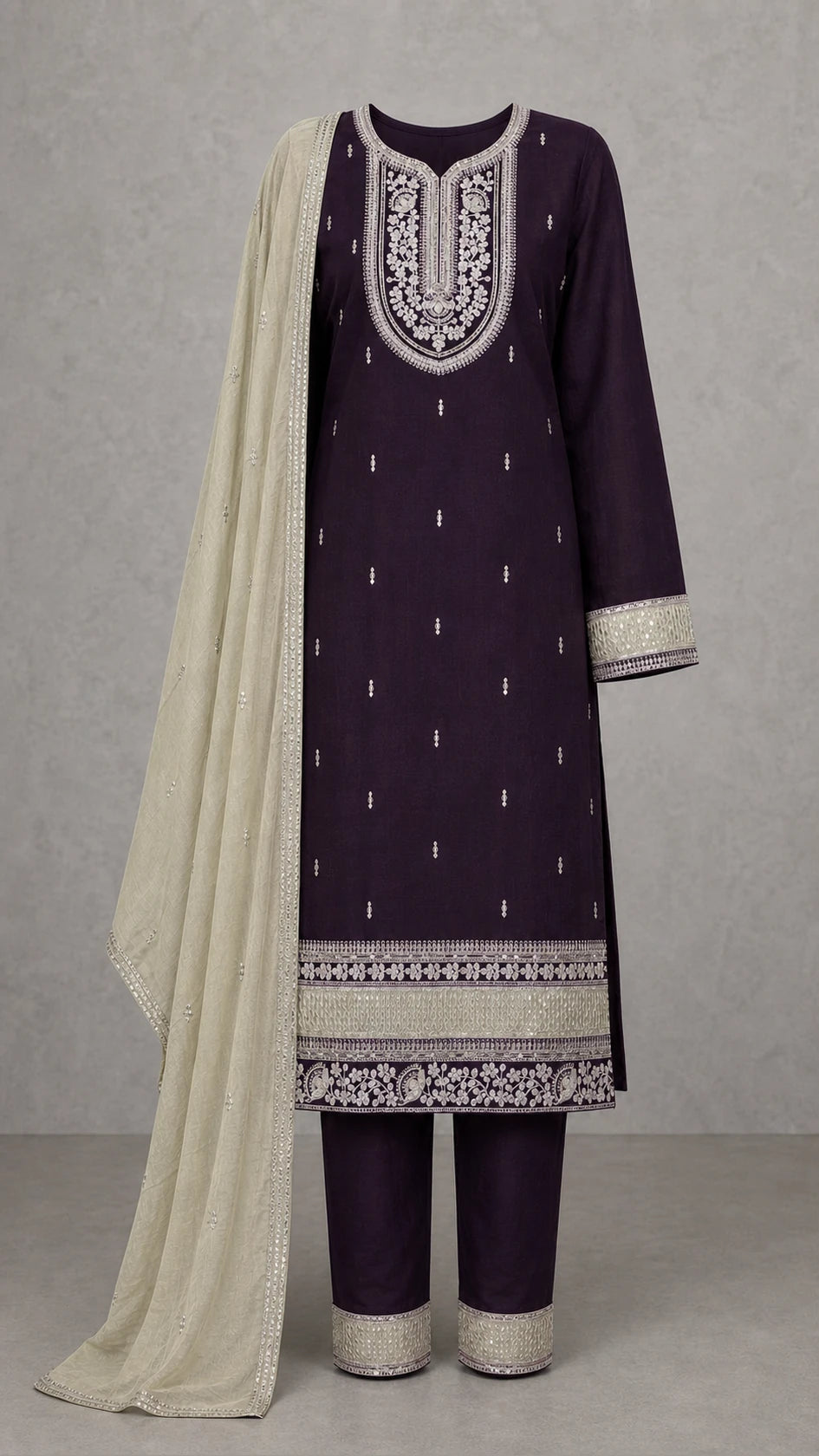 Noorani Champagne Embroidered 3-Piece Suit Set – Dark Aubergine Plum – complete three-piece set with dupatta