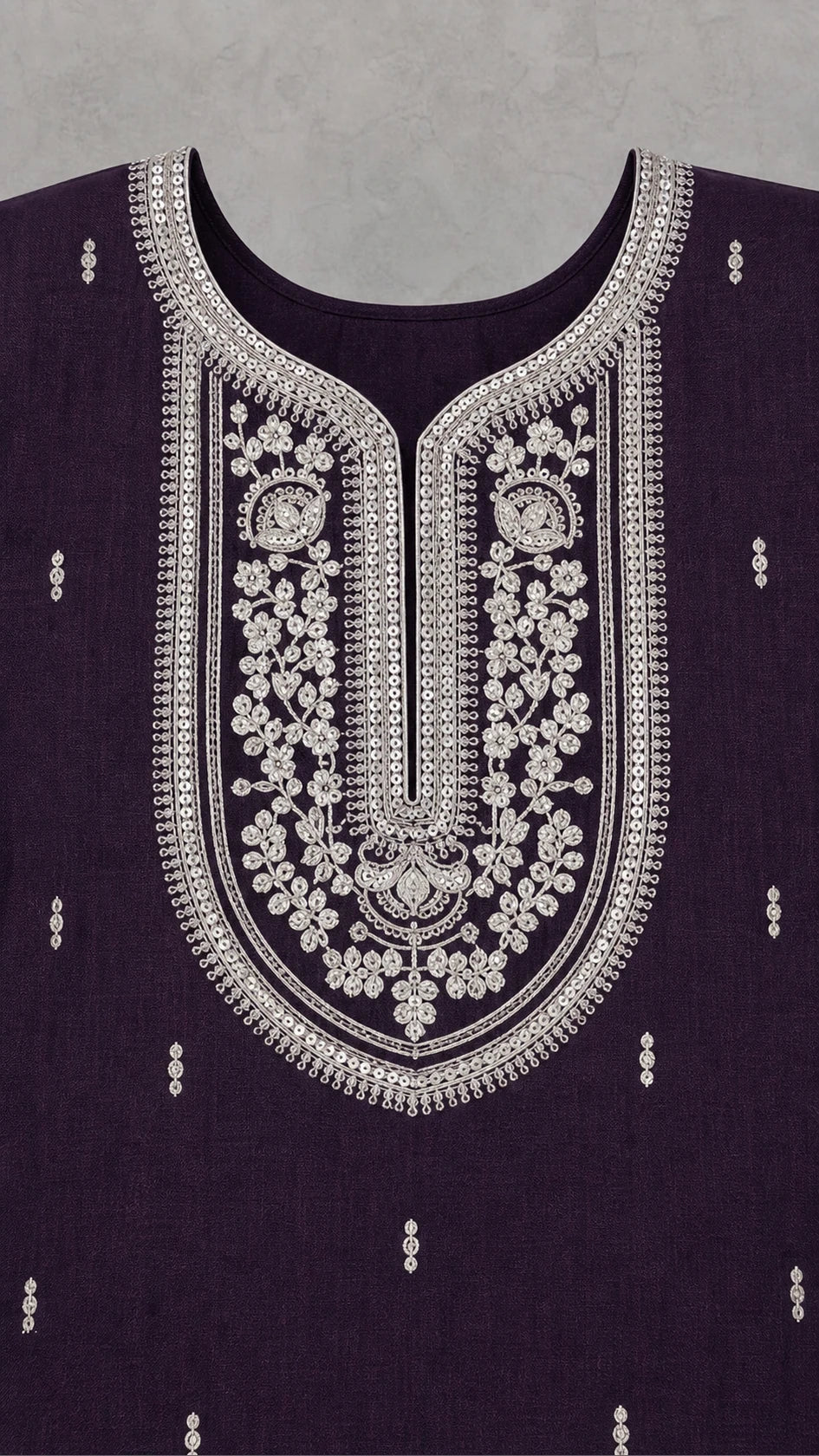 Noorani Champagne Embroidered 3-Piece Suit Set – Dark Aubergine Plum – embroidered neckline detail