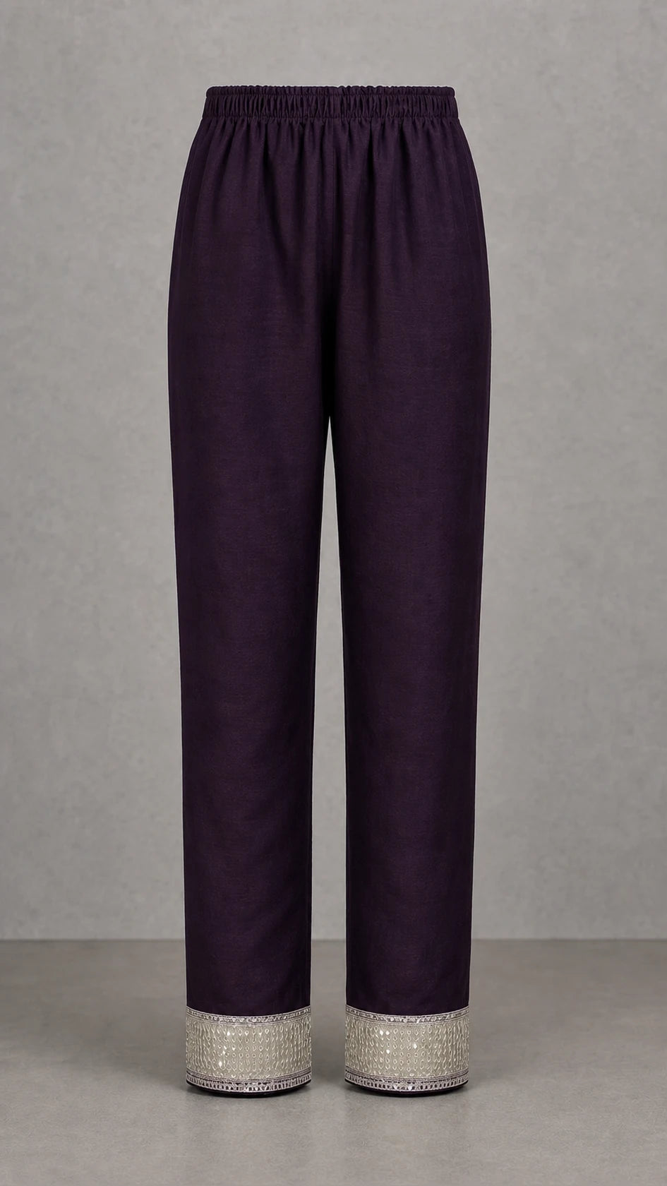 Noorani Champagne Embroidered 3-Piece Suit Set – Dark Aubergine Plum – matching trousers with embroidered ankles