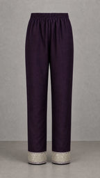 Noorani Champagne Embroidered 3-Piece Suit Set – Dark Aubergine Plum – matching trousers with embroidered ankles
