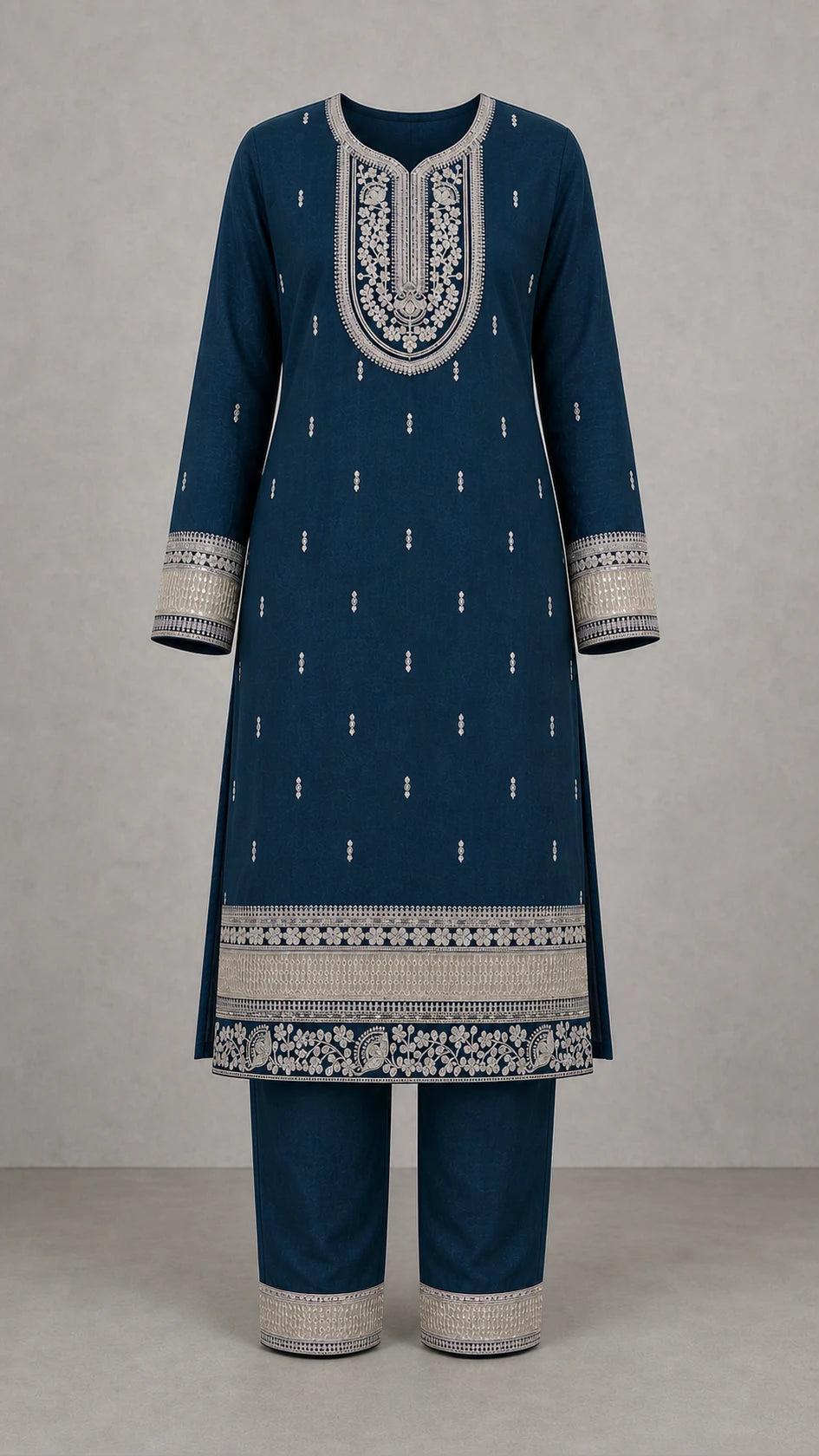 Noorani Champagne Embroidered 3-Piece Suit Set – Deep Petrol Teal – kurta and trousers front view