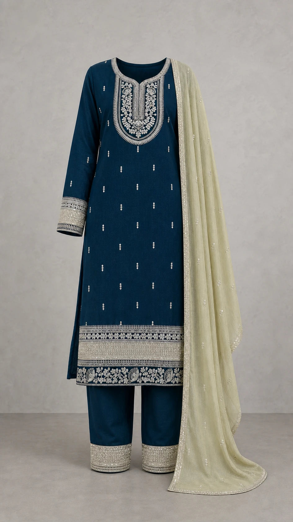Noorani Champagne Embroidered 3-Piece Suit Set – Deep Petrol Teal – complete three-piece set with dupatta