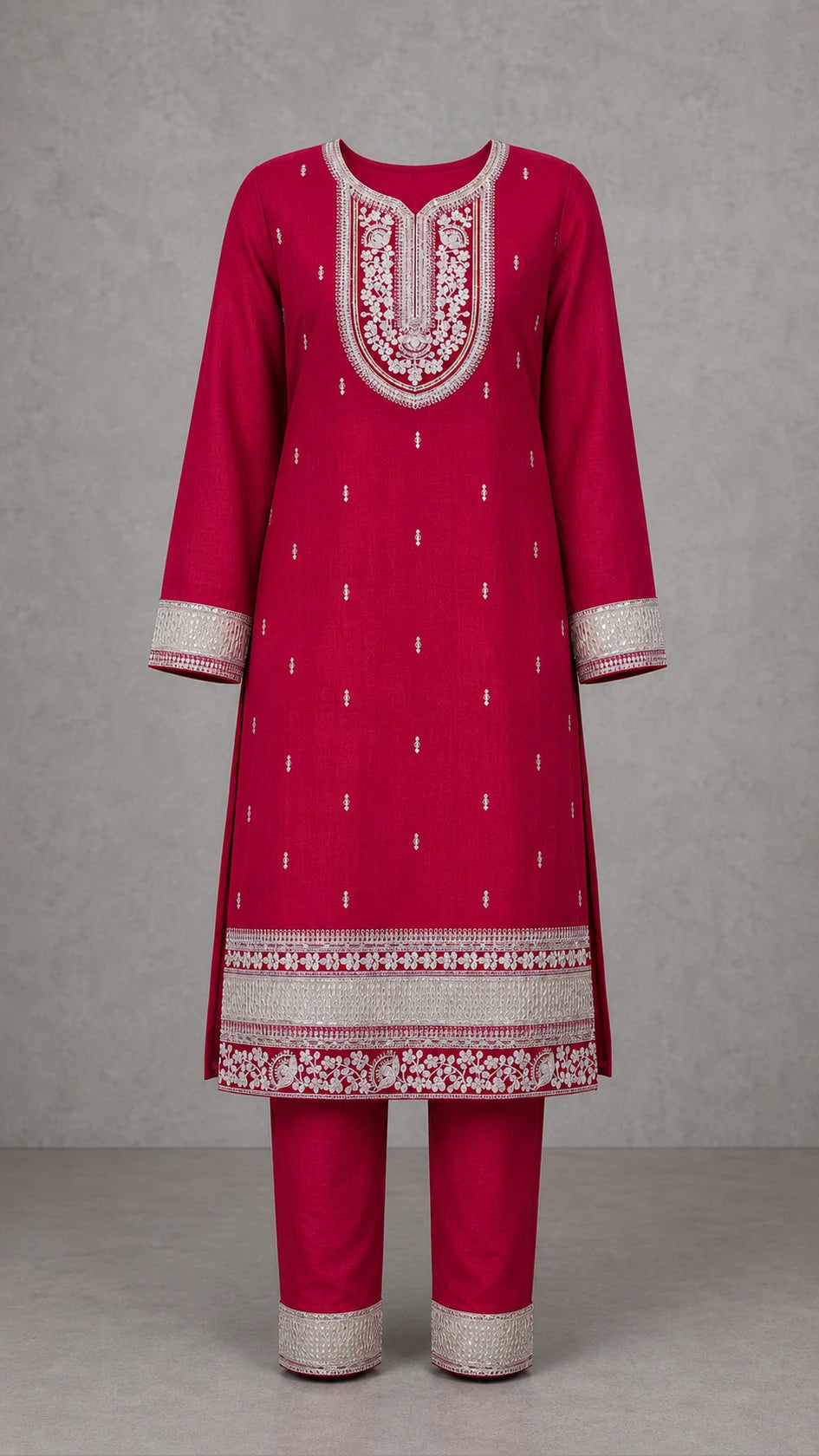 Noorani Champagne Embroidered 3-Piece Suit Set – Deep Raspberry Pink – kurta and trousers front view