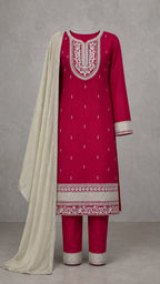 Noorani Champagne Embroidered 3-Piece Suit Set – Deep Raspberry Pink – complete three-piece set with dupatta