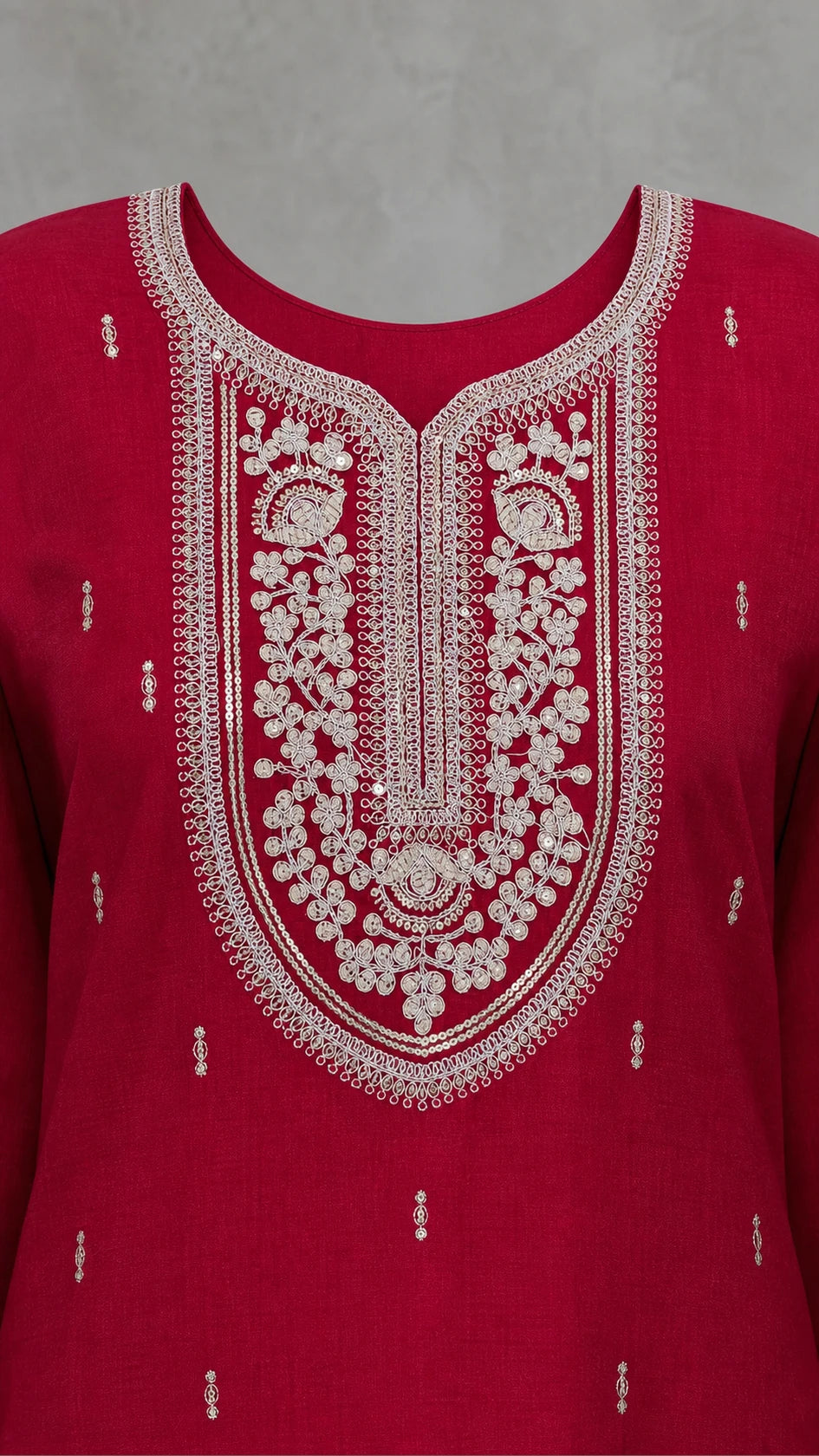 Noorani Champagne Embroidered 3-Piece Suit Set – Deep Raspberry Pink – embroidered neckline detail