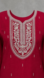 Noorani Champagne Embroidered 3-Piece Suit Set – Deep Raspberry Pink – embroidered neckline detail