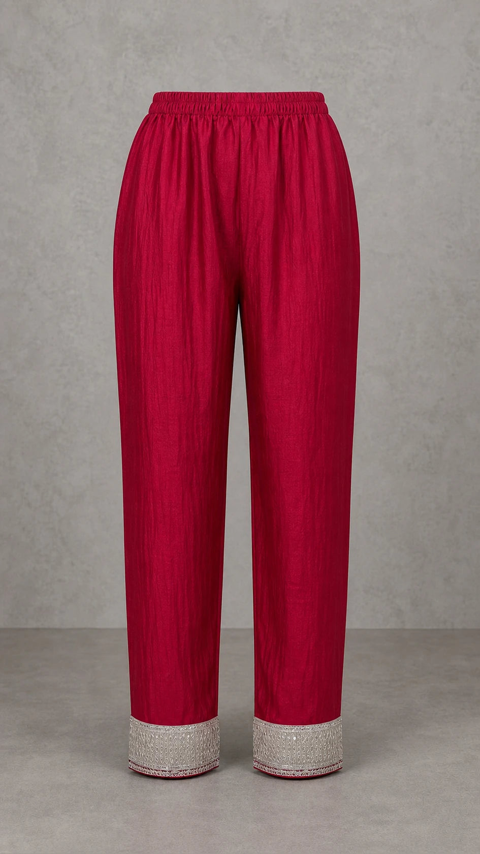 Noorani Champagne Embroidered 3-Piece Suit Set – Deep Raspberry Pink – matching trousers with embroidered ankles