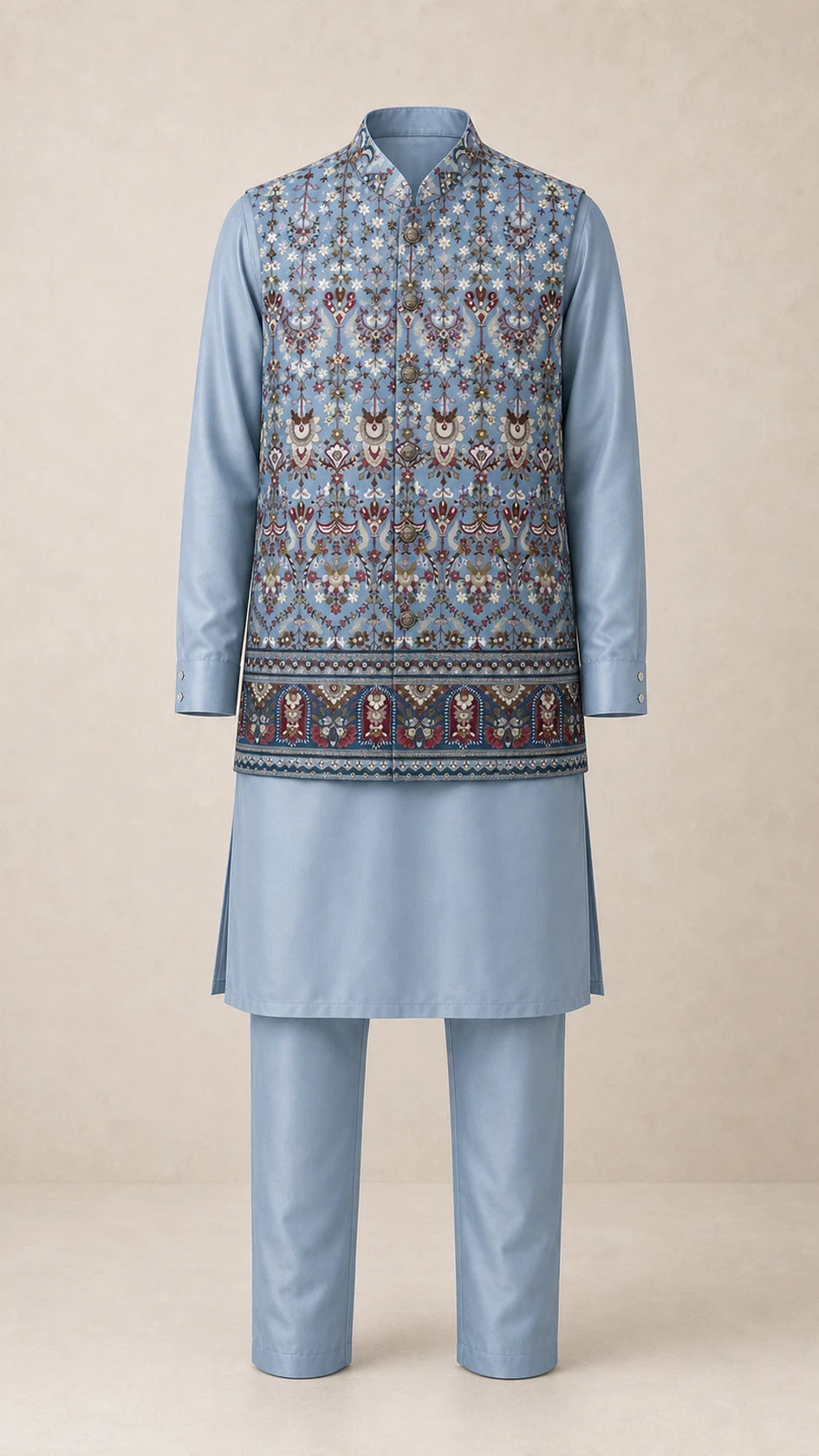 Kent Selection embroidered vest kurta set in Powder Blue – full outfit front view