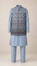 Kent Selection embroidered vest kurta set in Powder Blue – full outfit front view