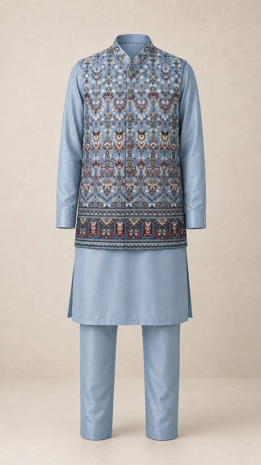 Kent Selection embroidered vest kurta set in Powder Blue – full outfit front view