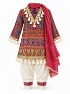 Pink | Full outfit | Rangoli Girls Tassel Salwar Suit complete outfit with printed tassel-trimmed kurta, ivory salwar trousers and pink dupatta.