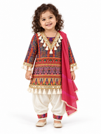 Pink | Model portrait | Rangoli Girls Tassel Salwar Suit — Pink colorway with printed tassel-trimmed kurta, ivory salwar pants and pink dupatta.