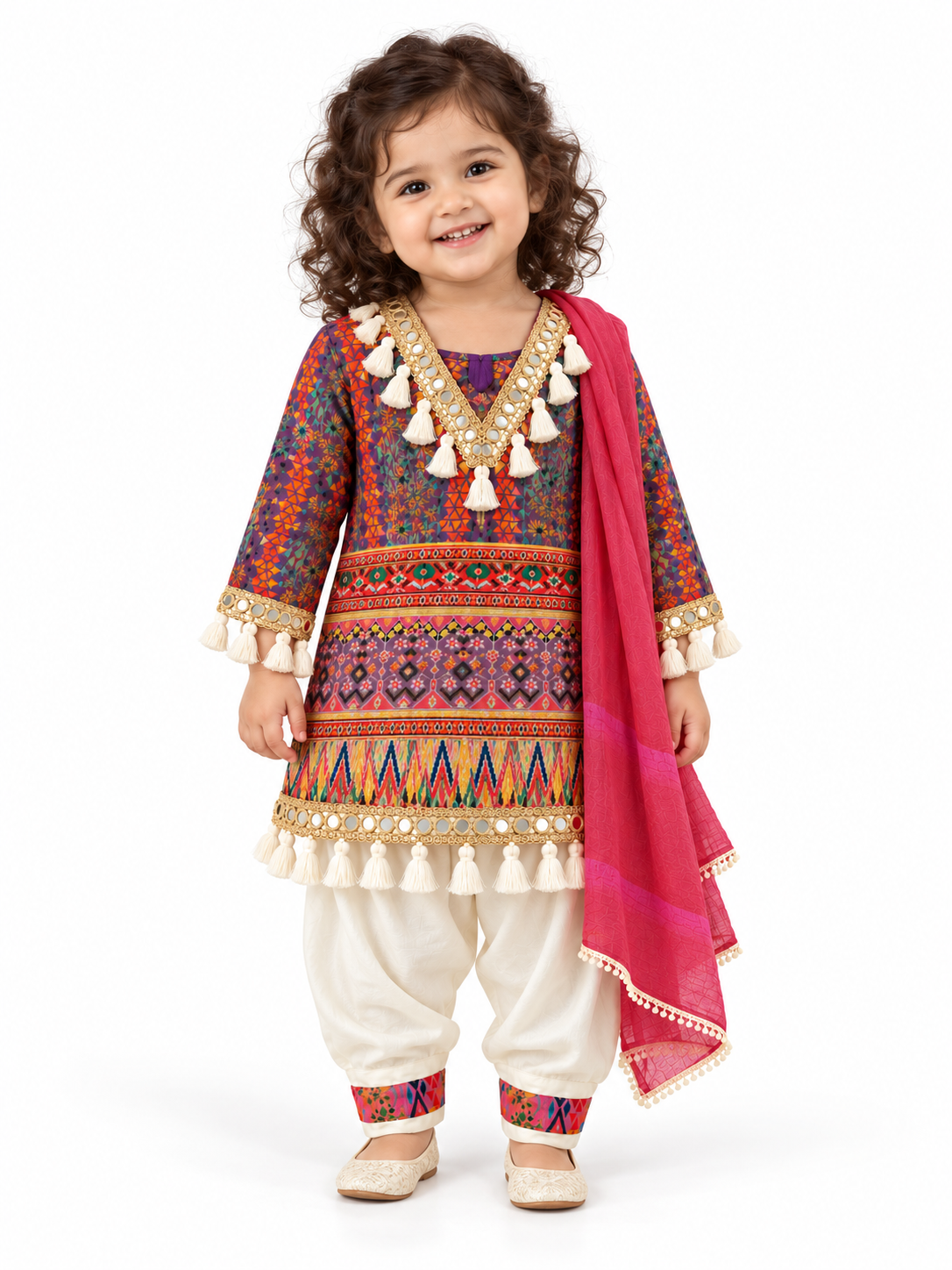 Pink | Model portrait | Rangoli Girls Tassel Salwar Suit — Pink colorway with printed tassel-trimmed kurta, ivory salwar pants and pink dupatta.