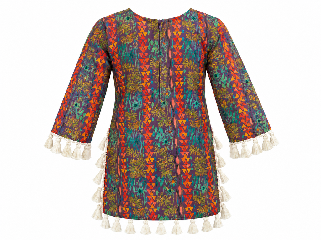 Pink | Top back | Back view of the Rangoli Girls Tassel Salwar Suit kurta with multicolored print, back zip and cream tassels.