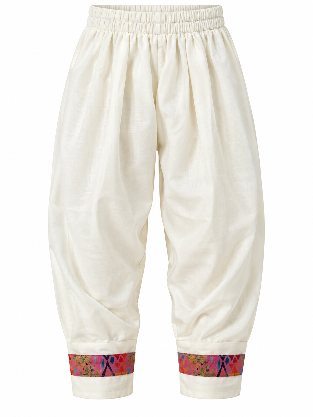 Pink | Salwar pants | Ivory salwar trousers for the Rangoli Girls Tassel Salwar Suit with elastic waist and pink multicolored ankle bands.
