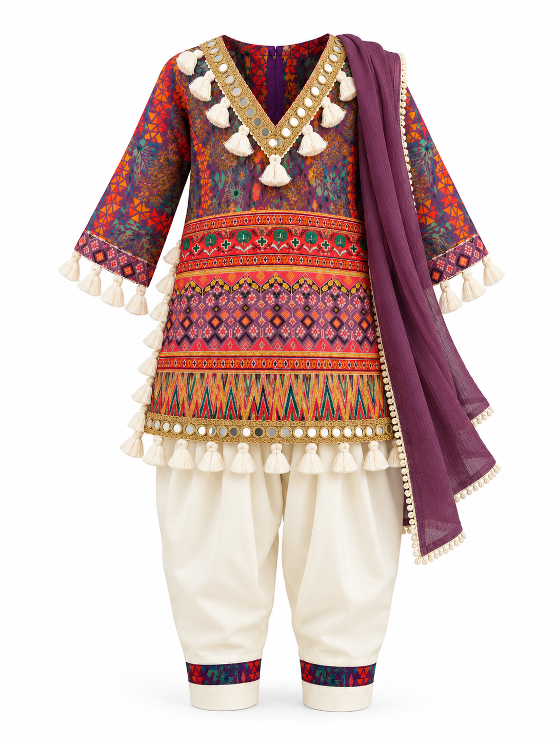 Plum | Full outfit | Rangoli Girls Tassel Salwar Suit complete outfit with printed tassel-trimmed kurta, ivory salwar trousers and plum dupatta.