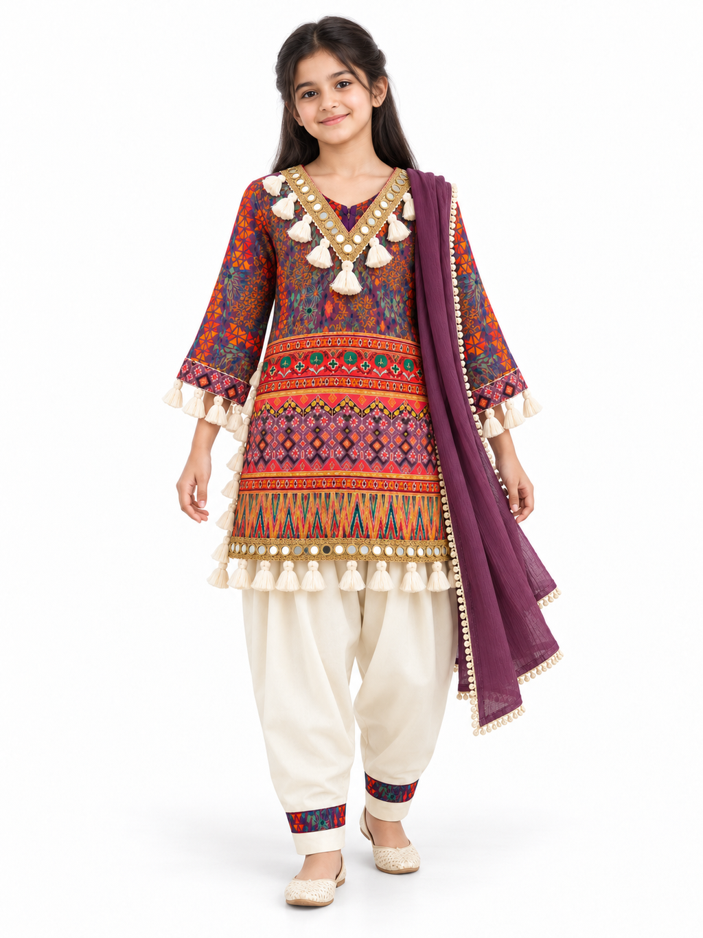 Plum | Model portrait | Rangoli Girls Tassel Salwar Suit — Plum colorway with printed tassel-trimmed kurta, ivory salwar pants and plum dupatta.