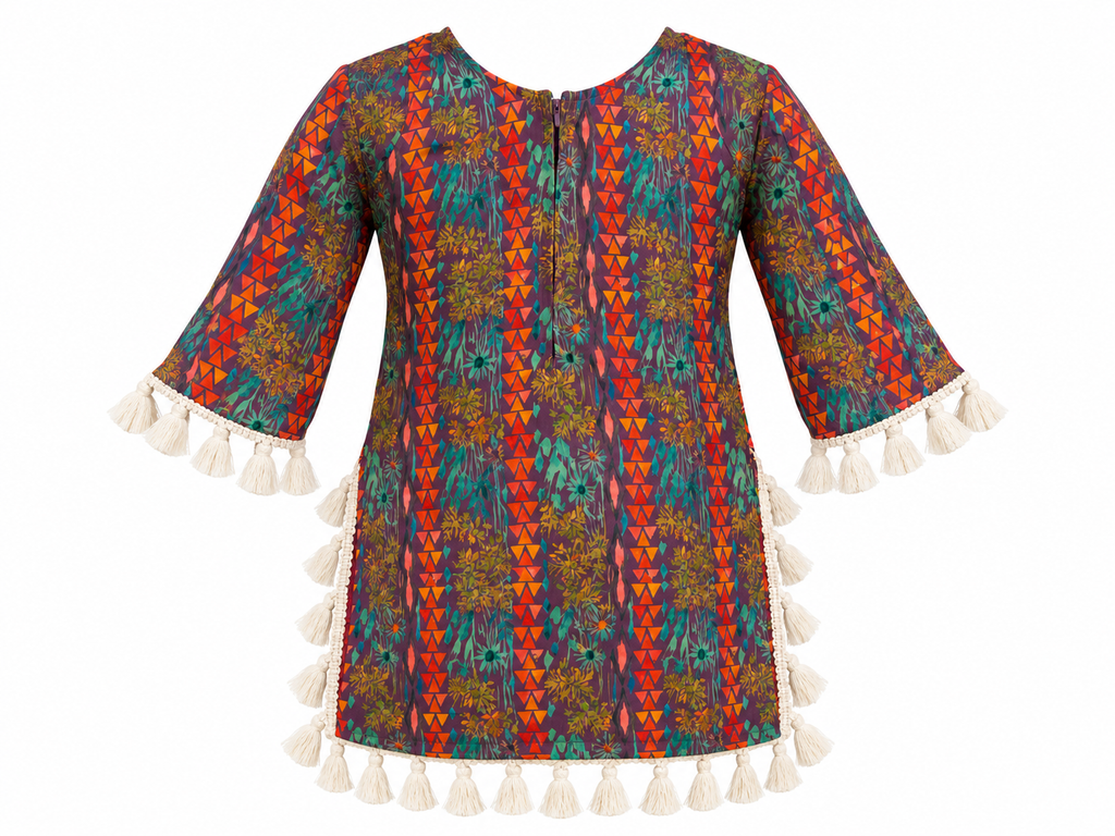 Plum | Top back | Back view of the Rangoli Girls Tassel Salwar Suit kurta with multicolored print, back zip and cream tassels.