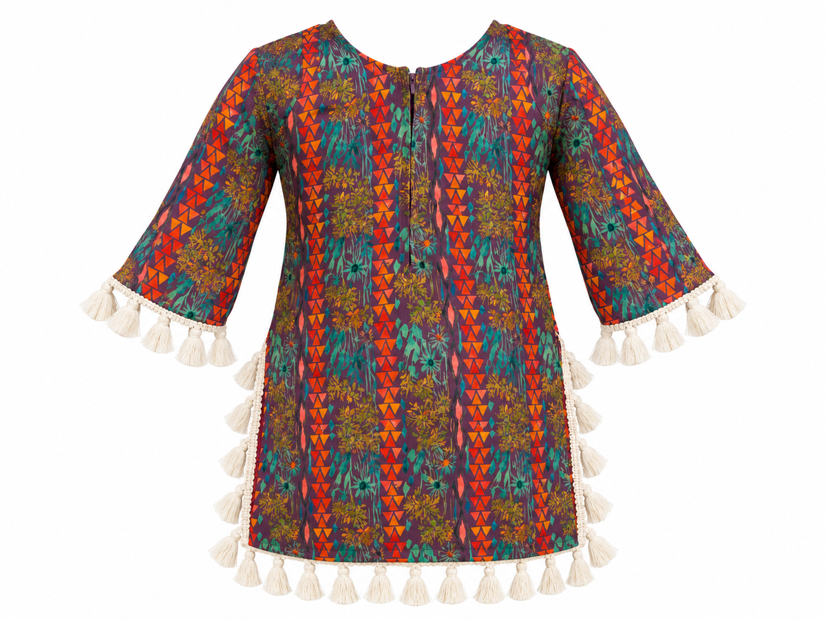 Plum | Top back | Back view of the Rangoli Girls Tassel Salwar Suit kurta with multicolored print, back zip and cream tassels.