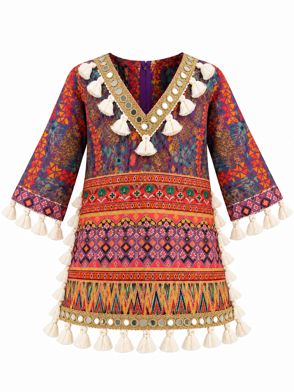 Plum | Top front | Front view of the Rangoli Girls Tassel Salwar Suit kurta with multicolored print, mirror-style V trim, patterned cuffs and cream tassels.