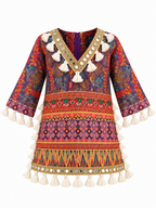Plum | Top front | Front view of the Rangoli Girls Tassel Salwar Suit kurta with multicolored print, mirror-style V trim, patterned cuffs and cream tassels.