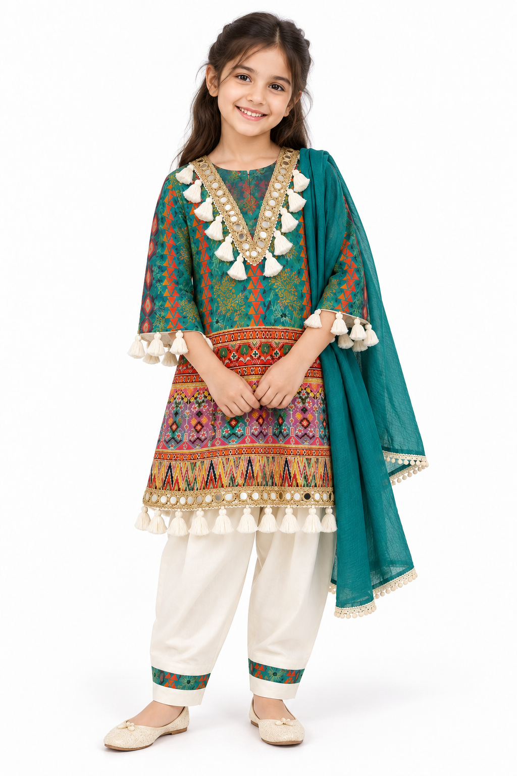 Teal | Model portrait | Rangoli Girls Tassel Salwar Suit — Teal colorway with printed tassel-trimmed kurta, ivory salwar pants and teal dupatta.