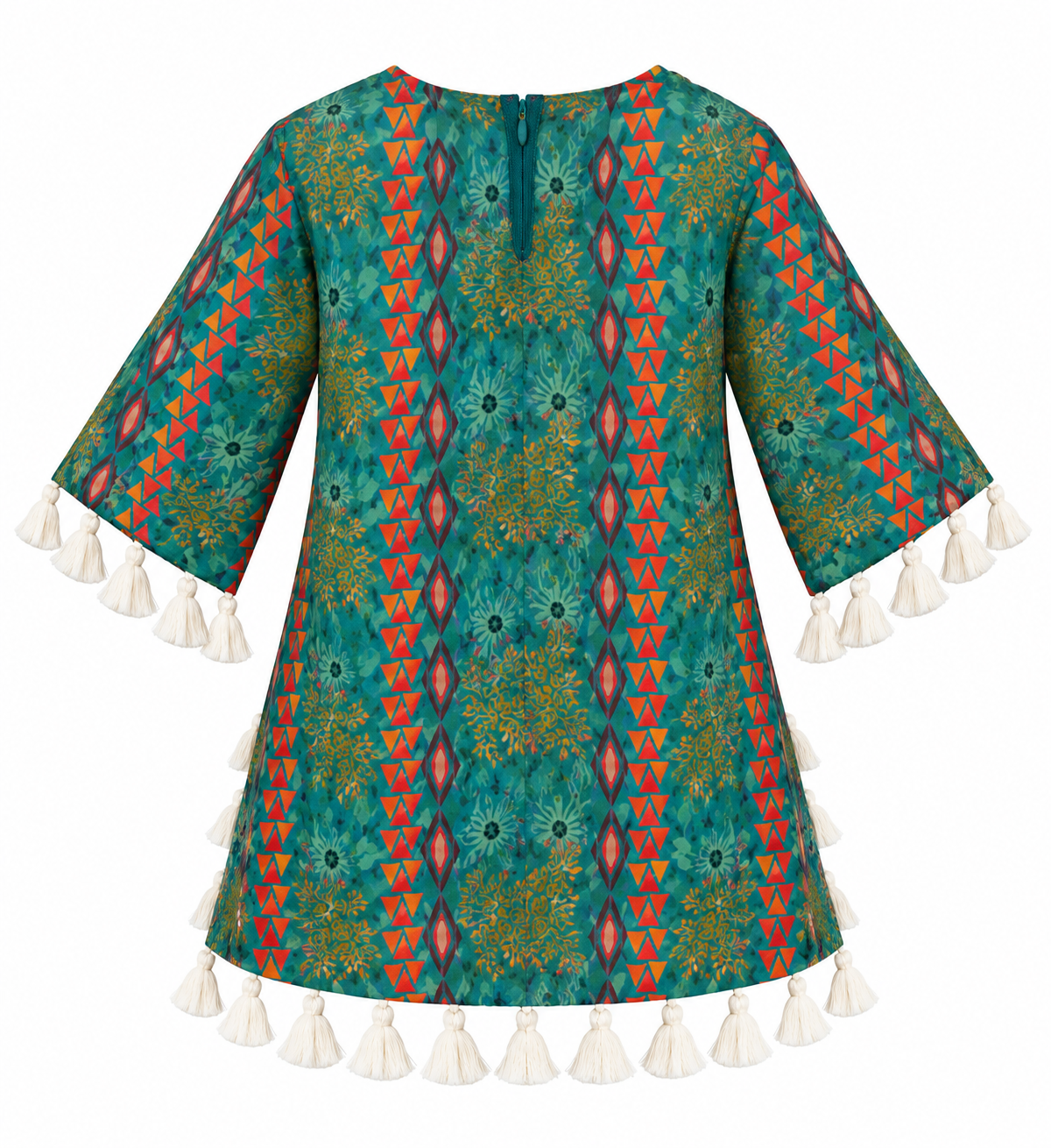 Teal | Top back | Back view of the Rangoli Girls Tassel Salwar Suit kurta with multicolored print, back zip and cream tassels.