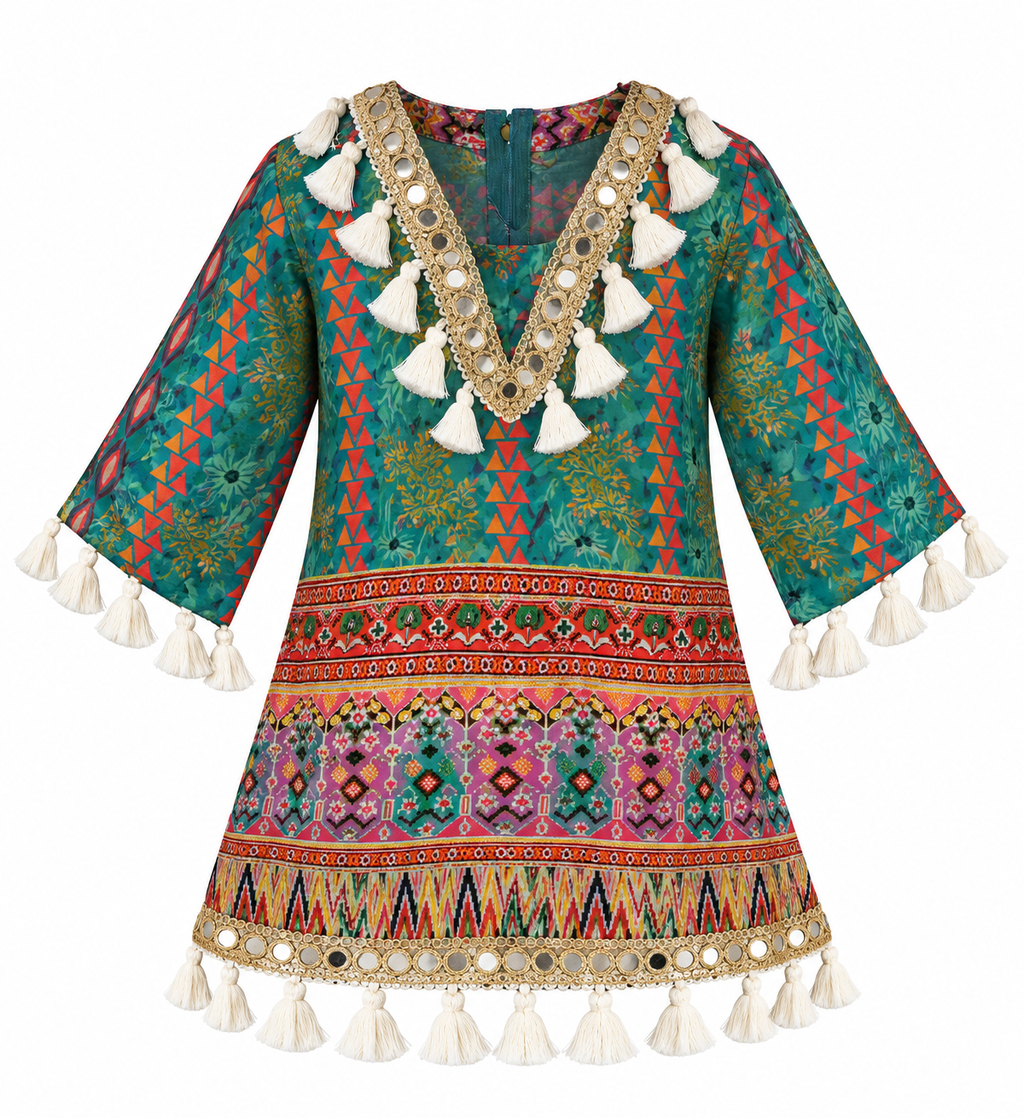 Teal | Top front | Front view of the Rangoli Girls Tassel Salwar Suit kurta with multicolored print, mirror-style V trim and cream tassels.