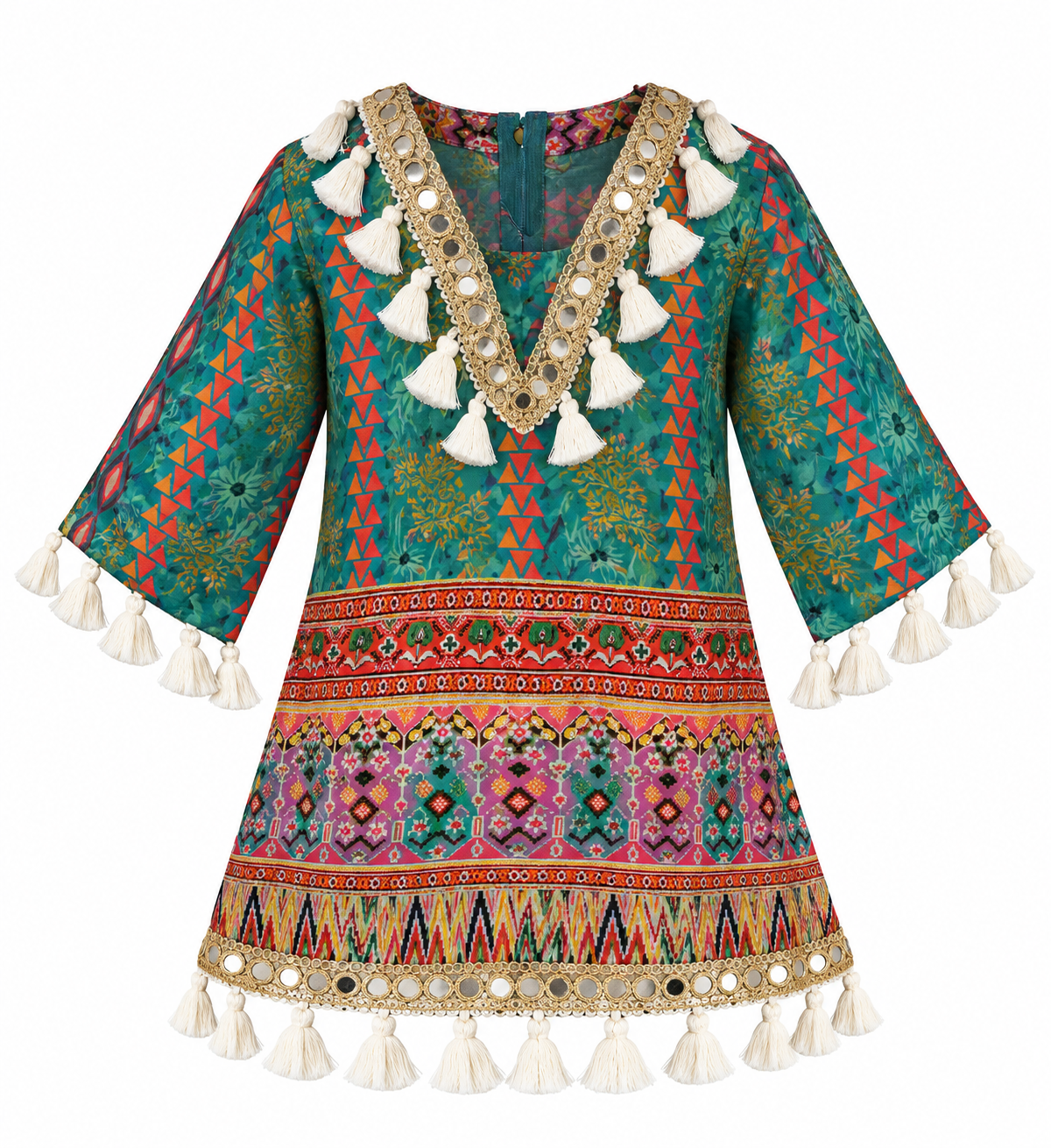 Teal | Top front | Front view of the Rangoli Girls Tassel Salwar Suit kurta with multicolored print, mirror-style V trim and cream tassels.