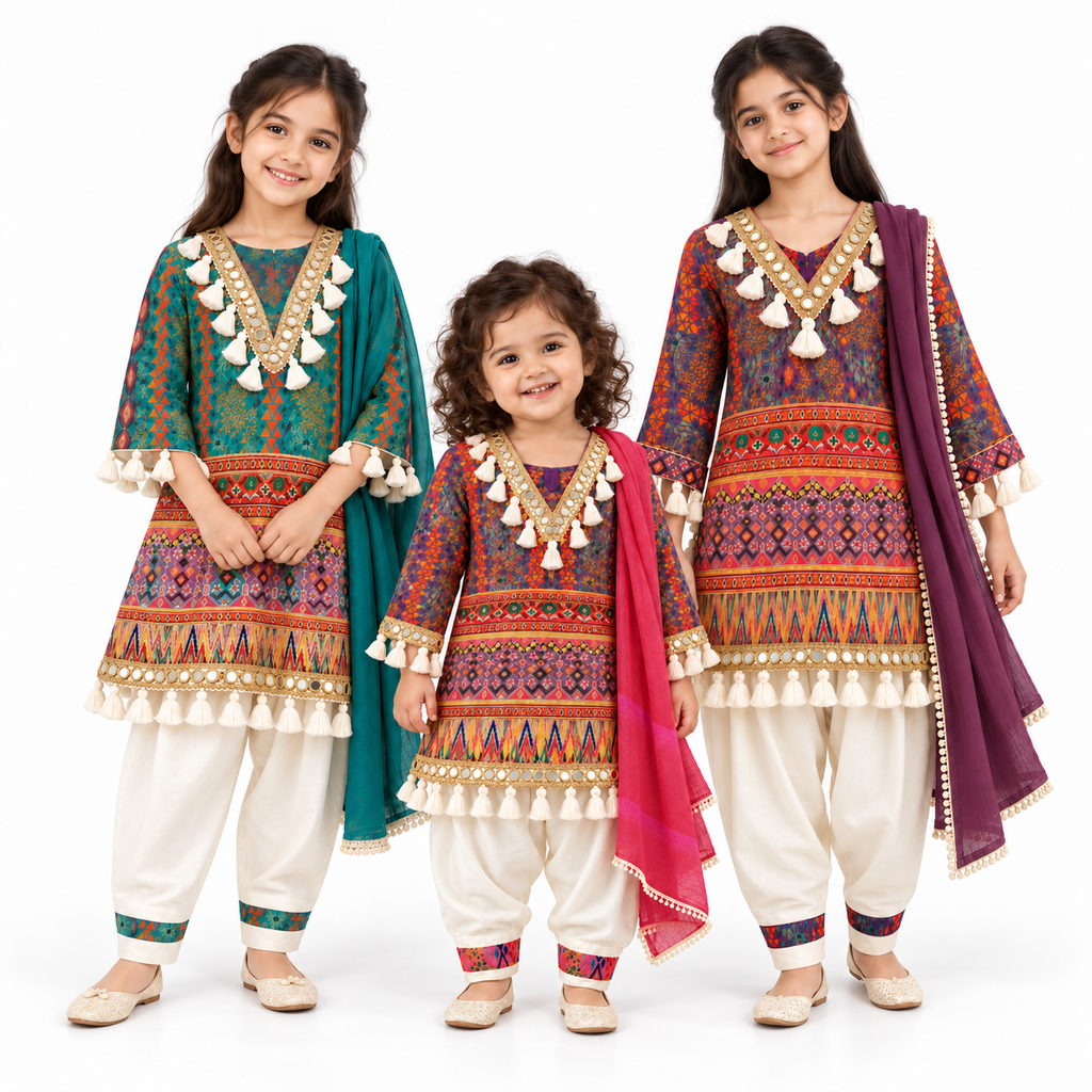 All | Three-girl group portrait | Rangoli Girls Tassel Salwar Suit in Teal, Pink and Plum.