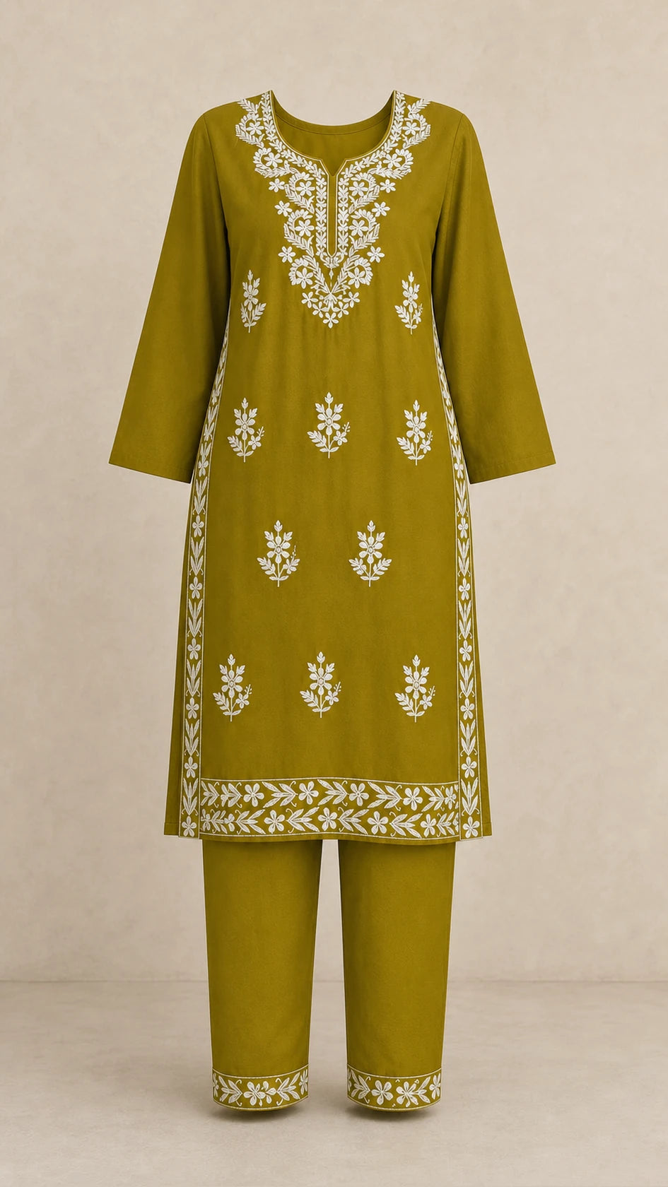 Rooh Mehndi Olive Plus-Size Cotton Embroidered 3-Piece Set kurta and trousers front view