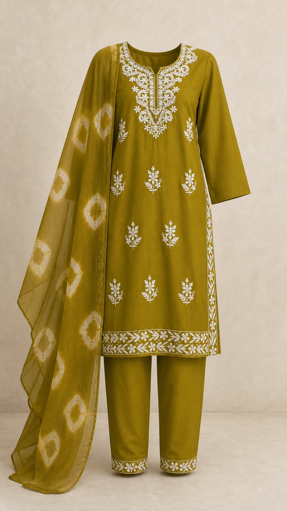 Rooh Mehndi Olive Plus-Size Cotton Embroidered 3-Piece Set complete three-piece set with dupatta