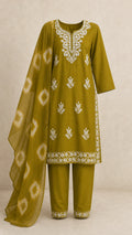 Rooh Mehndi Olive Plus-Size Cotton Embroidered 3-Piece Set complete three-piece set with dupatta