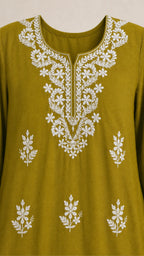 Rooh Mehndi Olive Plus-Size Cotton Embroidered 3-Piece Set ivory leafy embroidered neckline detail
