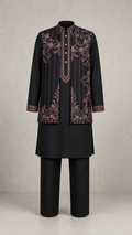 Rose Resham men's kurta jacket set in black — full outfit front view
