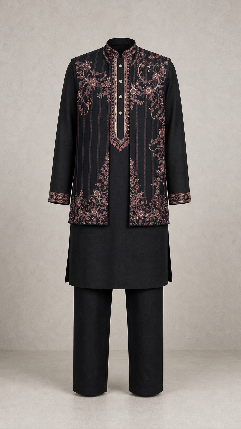 Rose Resham men's kurta jacket set in black — full outfit front view