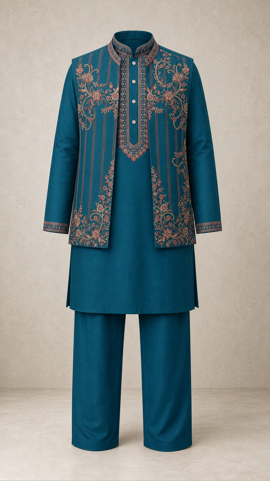 Rose Resham men's kurta jacket set in peacock teal — full outfit front view