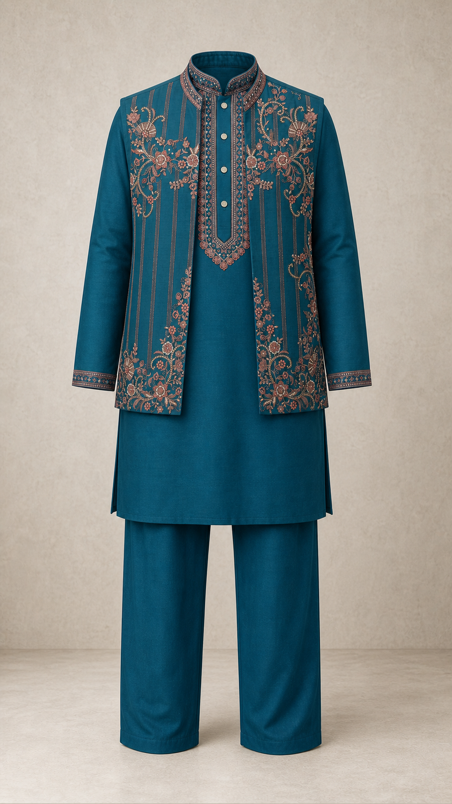 Rose Resham men's kurta jacket set in peacock teal — full outfit front view
